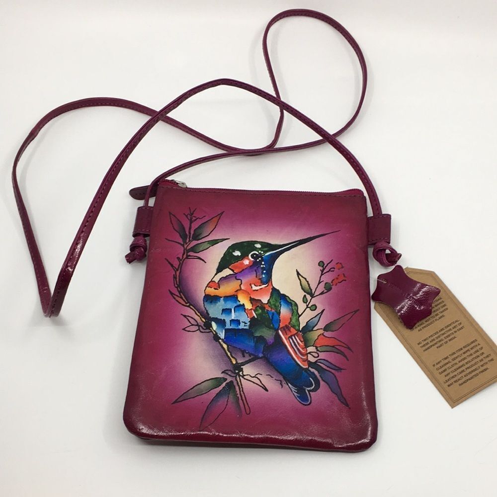 Hummingbird Crossbody Bag Leather Hand painted in India Burgundy Fuchsia